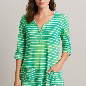 Cha Cha Vente Green & White‎ Striped Tunic Top with Pockets